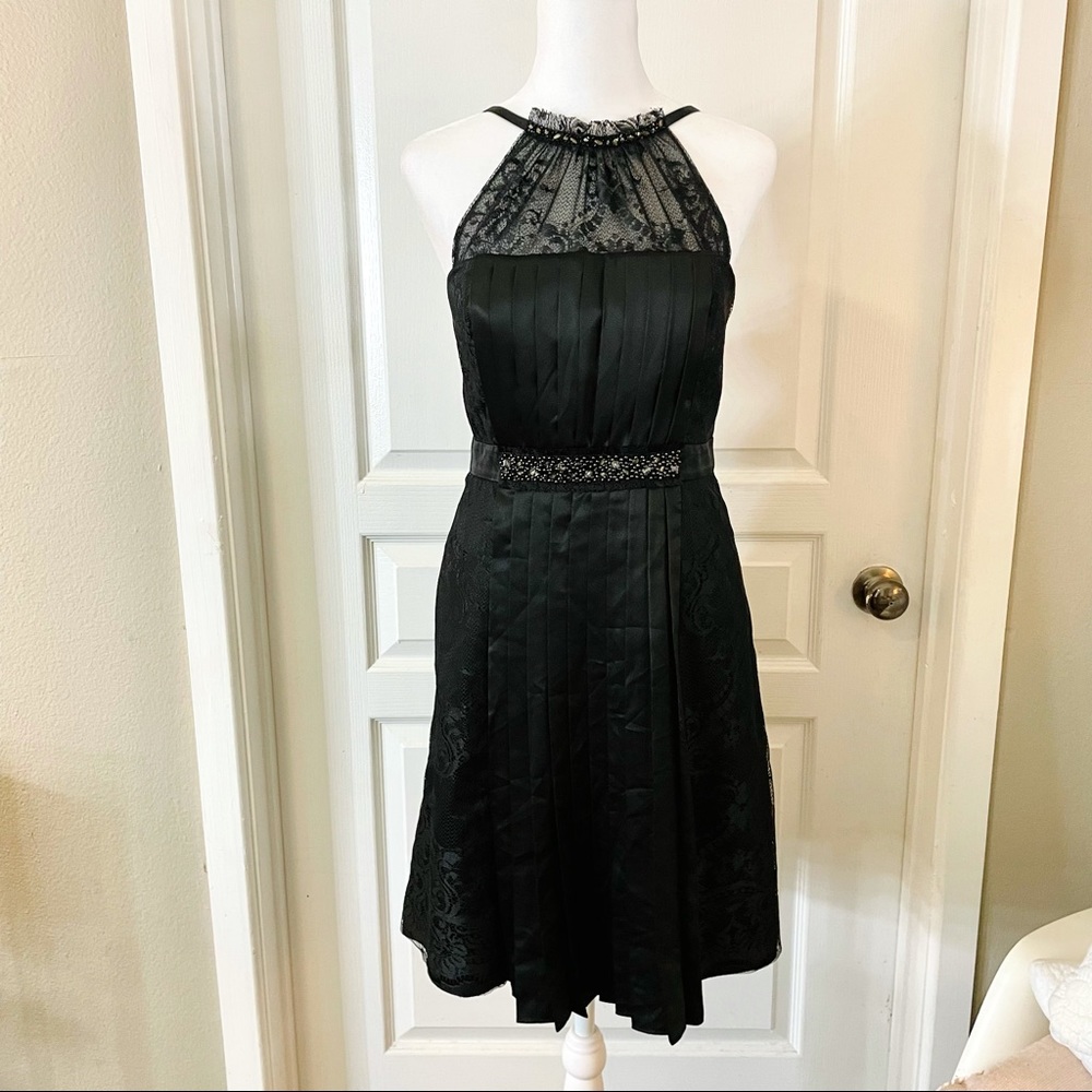 BCBGMAXAZRIA satin dress with lace and bead detail